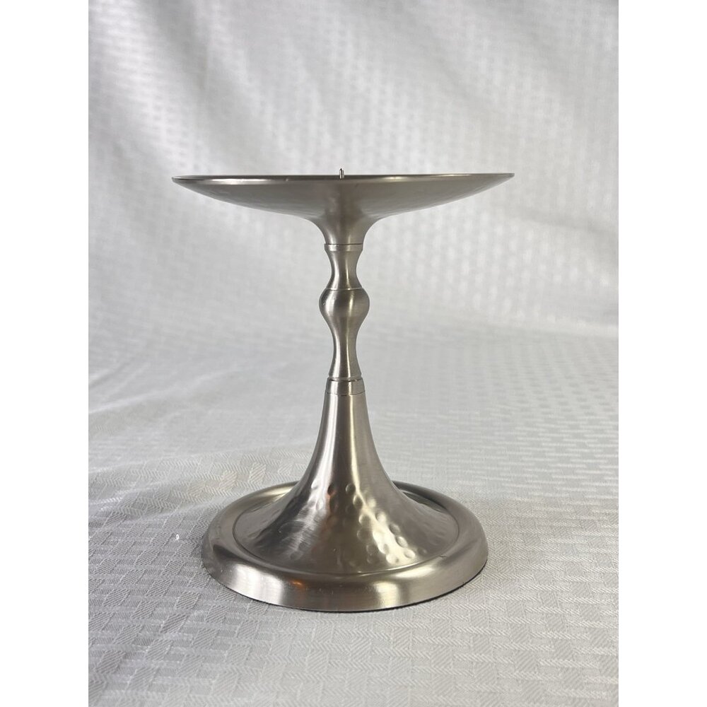 HD Pillar Candle Holder Silver Tone Hammered‎ Metal Pattern. pointed metal prong
